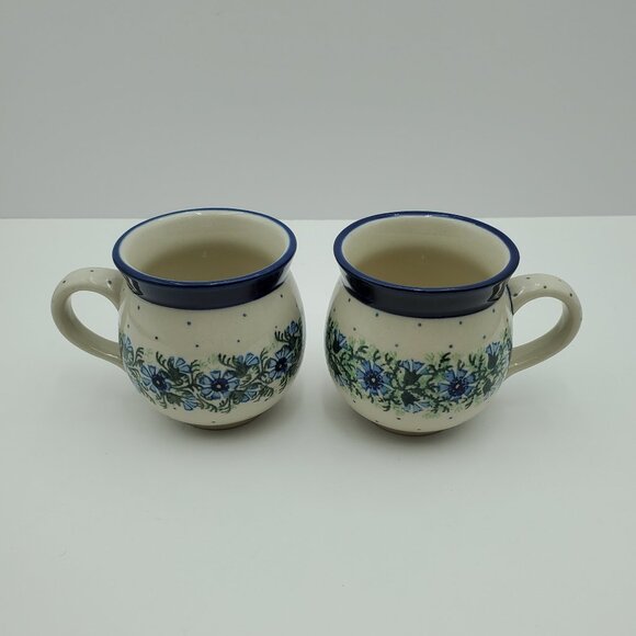 Polish Pottery Dotted Violet Bubble Mugs Blue Flowers & Dots Round Mugs - Picture 2 of 10